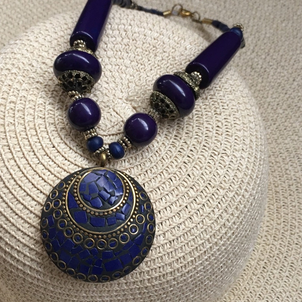 Blue & Bronze Circle Pendant Necklace
